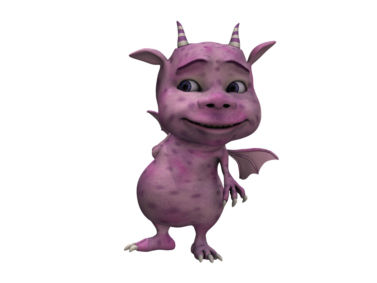 a 3d rendered cartoon image shows a small, purple dragon standing upright. the dragon has horns with white stripes, small wings, and a friendly smile on its face. the background is black, which makes the dragon stand out more.