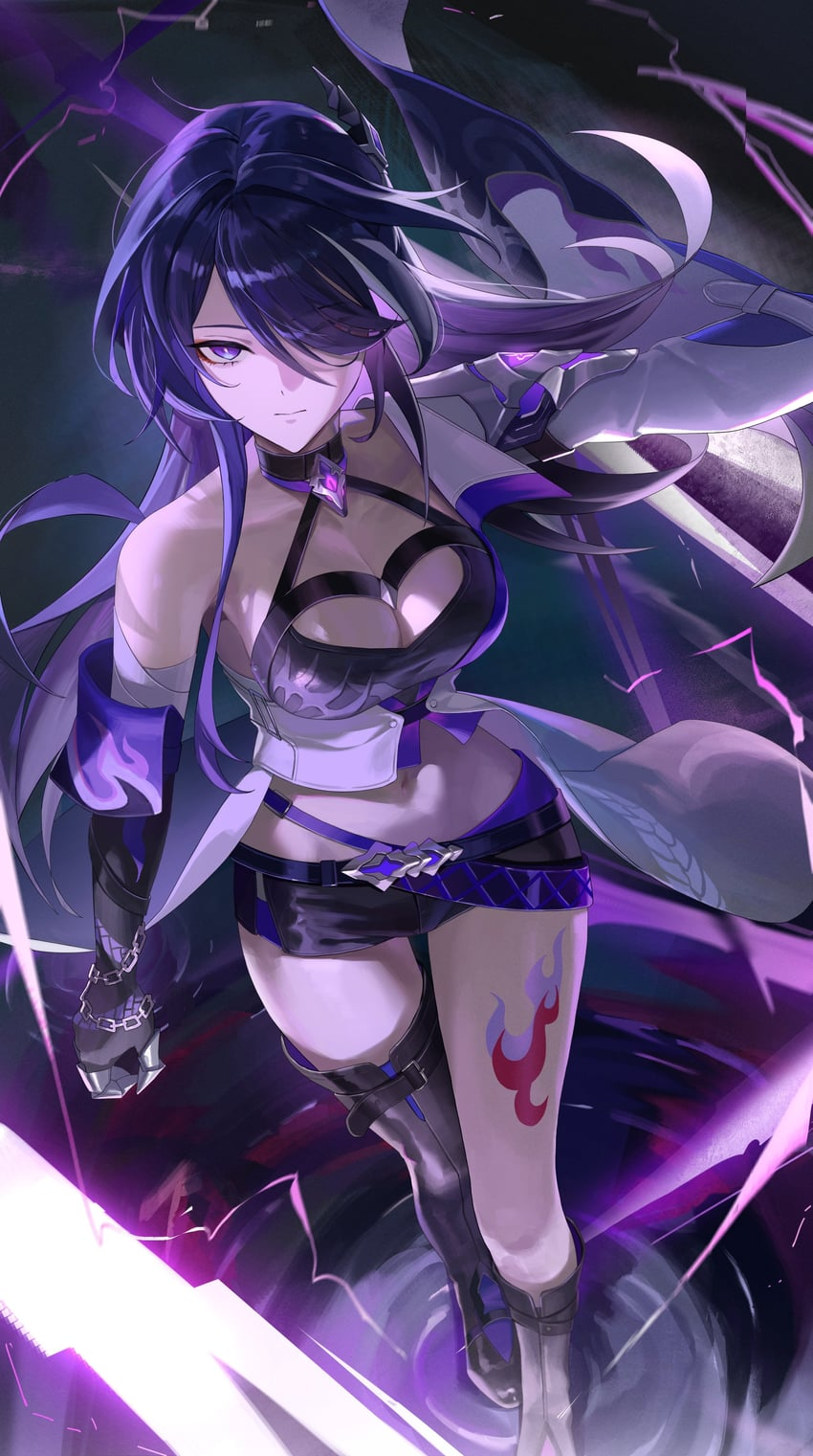 female anime character with long dark blue hair and piercing red eyes stands in a dynamic pose against a backdrop of swirling purple energy. she is dressed in a revealing outfit with black, white, and purple accents, and a flame tattoo adorns her right thigh. her confident gaze and the two glowing swords in her hands suggest a powerful warrior ready for battle. the overall palette is dominated by shades of purple, creating a mystical and powerful atmosphere.
