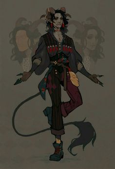 a fullbody character design of a tiefling rogue stands against a muted graybrown background. the tiefling is posed with their arms slightly outstretched and one leg bent, showcasing their elaborate, layered clothing. they have dark skin, long black hair streaked with white, and prominent horns curving from their forehead. they wear a colorful outfit featuring a white blouse, a brown vest adorned with red accents, billowing green trousers with floral patterns, and sturdy brown boots. two transparent faces, seemingly echoing the tiefling's features, appear faintly behind their head. the overall image is detailed, vibrant, and suggestive of a character with a rich backstory in a fantasy setting.