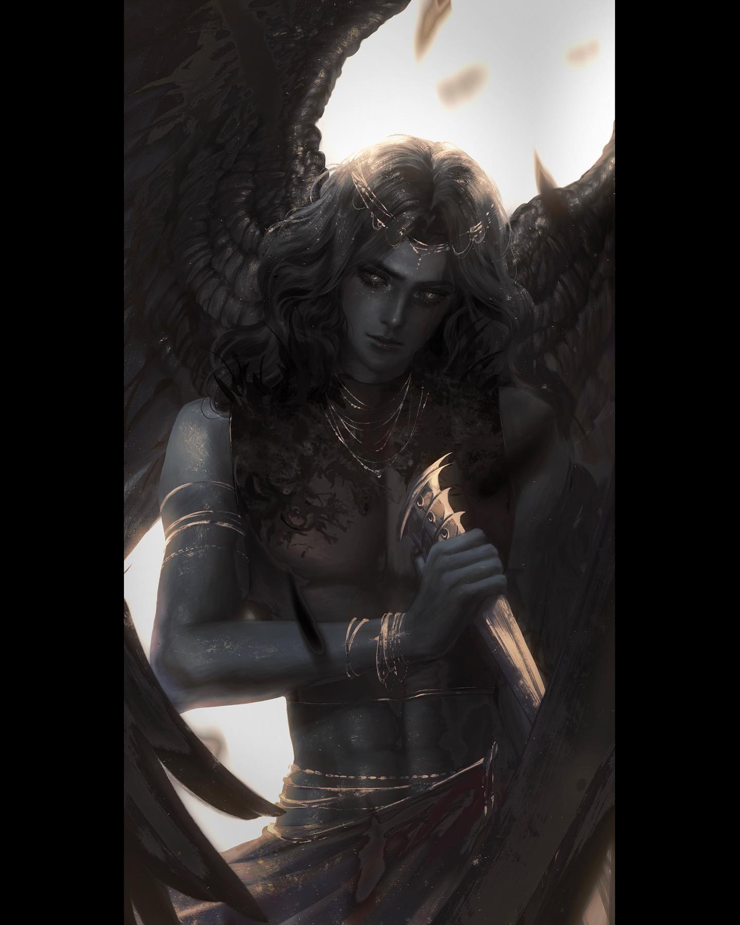 the image depicts a fallen angel, a male figure with large black wings, standing against a dark and somber background. he is shirtless and adorned with golden jewelry, including a circlet, necklaces, armbands, and a belt. he holds a sheathed sword in front of him, his expression serious and determined. the lighting is dramatic, with a strong backlight that creates a halolike effect around his head and emphasizes the edges of his wings. feathered debris falls around him, hinting at a past struggle or fall from grace.