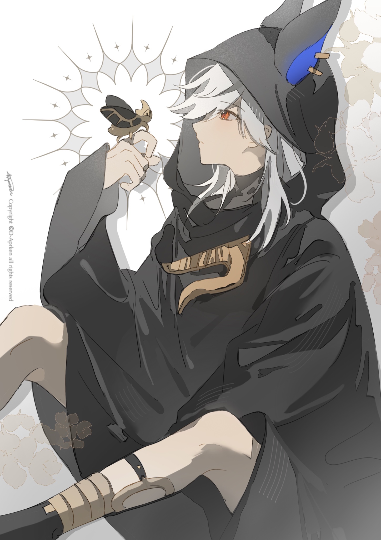an anime girl with white hair, wearing a black robe with wolf ears and holding a golden insect, is sitting and looking at the insect.  the image is a digital drawing with a white background.