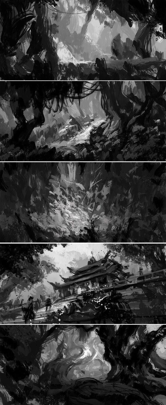 the image is a series of grayscale digital paintings or concept sketches, showcasing different stages of environment design. each panel depicts a distinct scene, possibly from the same larger world or game setting.  the style is painterly and atmospheric, with a focus on texture and light/shadow contrast.  the scenes range from dense, overgrown forests with waterfalls and rocky paths, to a more open area with a traditional asianstyle temple or building where small figures can be seen. the overall mood is dark, mystical, and evocative of fantasy settings. the rough brushstrokes suggest the sketches are early concepts rather than final artwork.