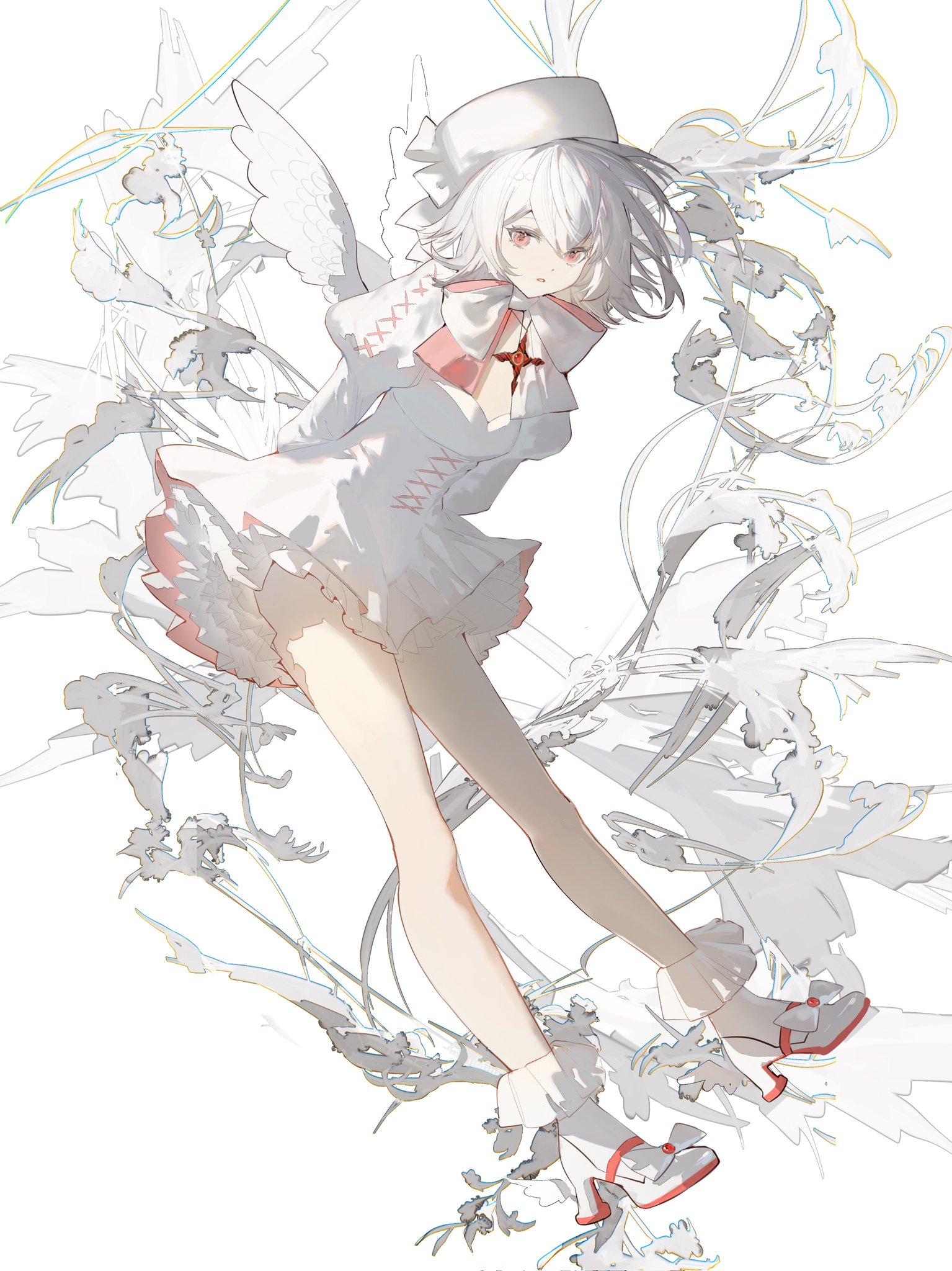 the image is a digital painting of an animestyle girl. she has white hair and is wearing a white dress with red accents and red shoes.  she has large, expressive eyes and a delicate appearance.  she seems to be floating amidst a background of stylized, translucent white flowers or foliage with faint hints of color, giving an ethereal and otherworldly impression. her pose is dynamic yet elegant, and her overall design suggests a character from a fantasy setting, possibly a game or visual novel.  the style is soft and painterly, with subtle shading and lighting effects creating depth and texture.