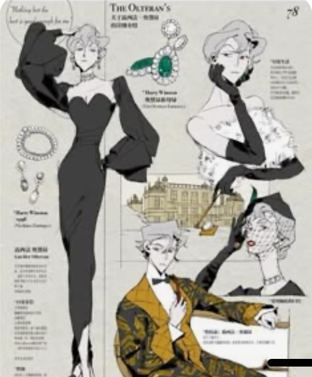 the image is of a magazine spread with illustrations of three people. the left side of the image features a woman with short, silver hair wearing a black dress with large puffed sleeves, large black gloves, and a pearl necklace. she's standing with her hands on her hips.  on the right side of the image, there are two illustrations. the top one is a woman with short, silver hair wearing a white fur coat and black gloves with her hands on her chest.  the second illustration on the right is a man wearing a yellow suit with a bow tie and a black hat. he has black hair and is wearing a black hat. he is holding a cigarette in one hand and a large, black glove in the other.  there are also pictures of jewelry and a drawing of a castle in the background of the illustrations.