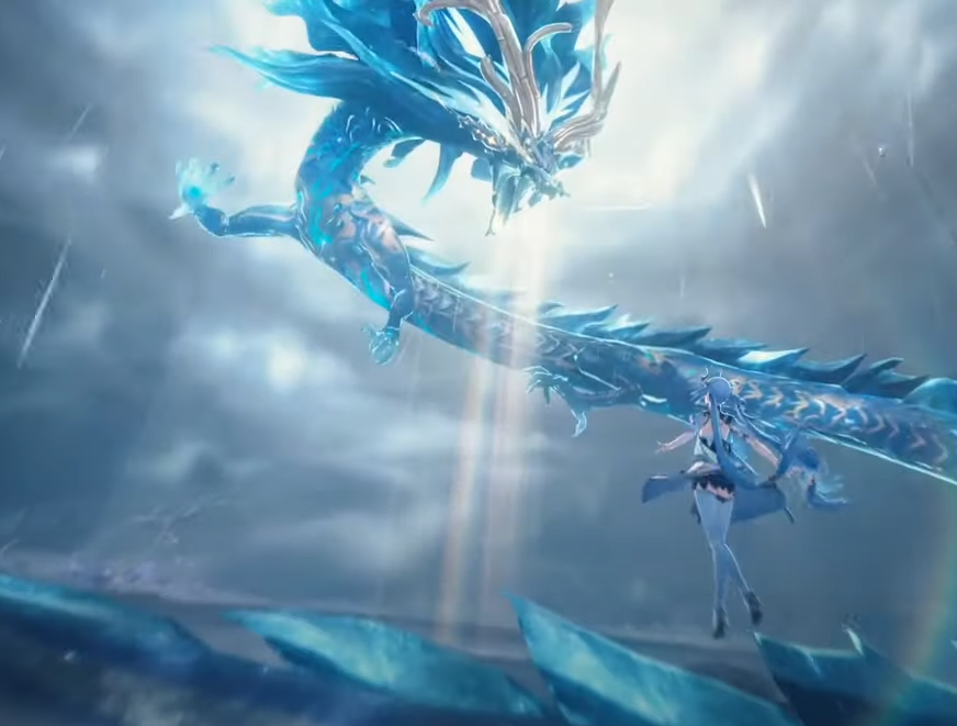 the image shows a woman in a blue and white dress standing on a sheet of ice, facing a large blue and white dragon that is flying towards her. the dragon has large antlers and is surrounded by a bright light. the background is a cloudy sky with sunlight breaking through.