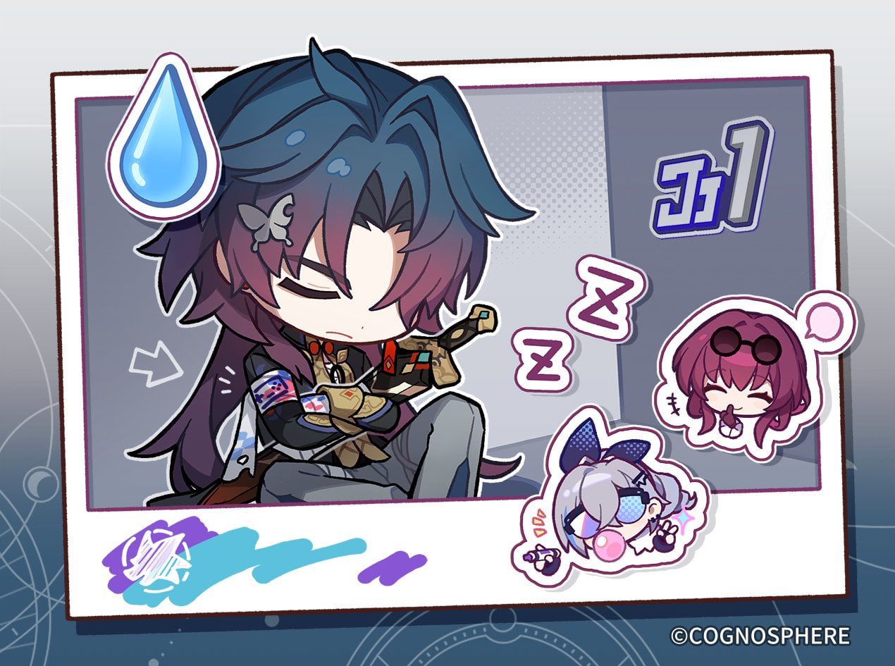 this is a digital art illustration of an anime boy and two anime girls in chibi style. the boy is shown sleeping with his sword on his lap, and the girls are making bubblegum. all of them are shown as characters from a mobile phone game. the artwork looks like it was made for a mobile game or social media platform.