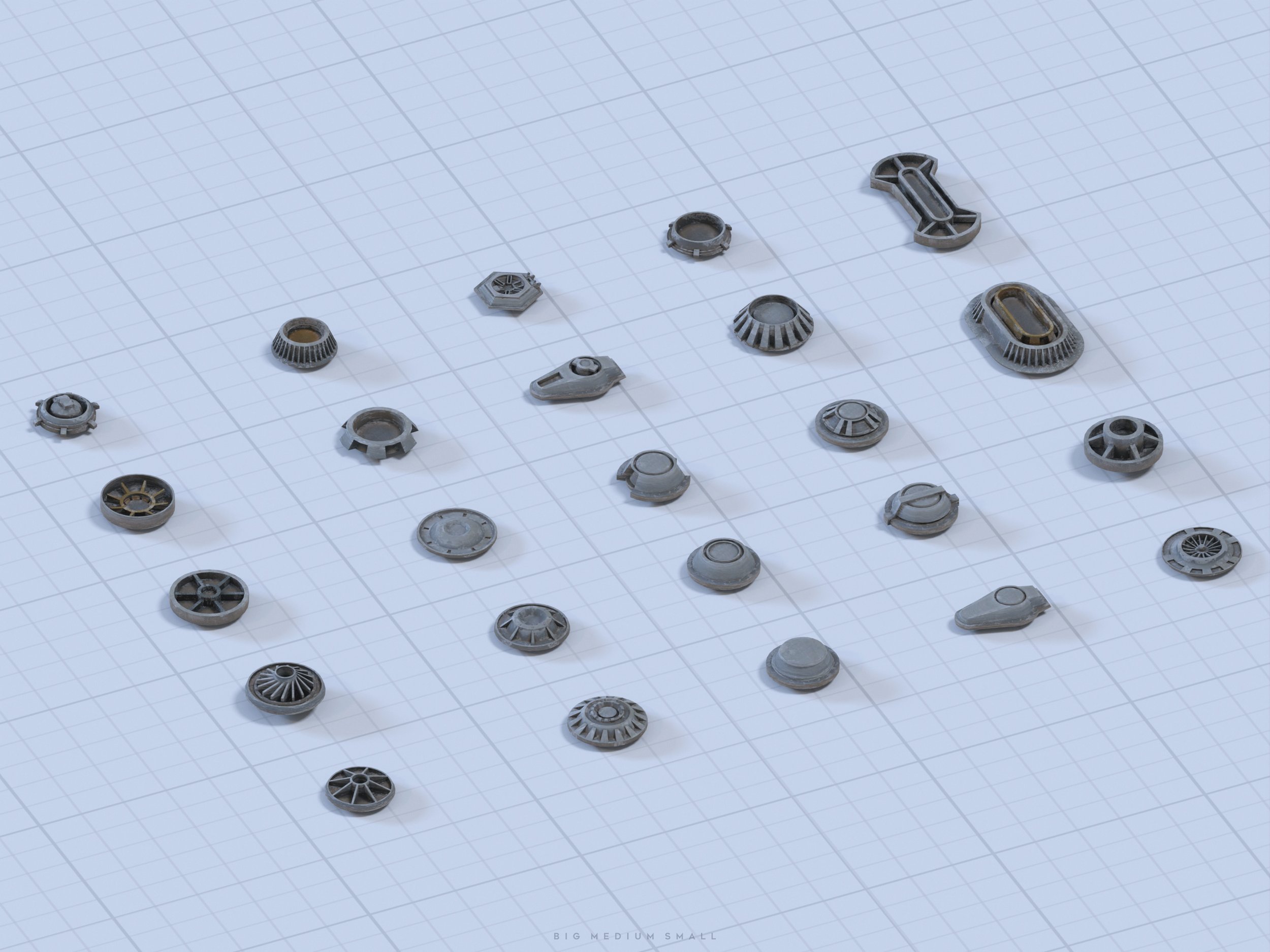 the image shows a collection of small, grey 3dprinted miniature parts arranged on a gridded surface.  these parts appear to be components for a model spaceship or similar scifi model kit.  they vary in shape and size, suggesting a variety of functions within the larger model.  the parts are meticulously detailed and appear to be made of plastic.  the overall impression is one of a detailed hobby project or gaming component set.