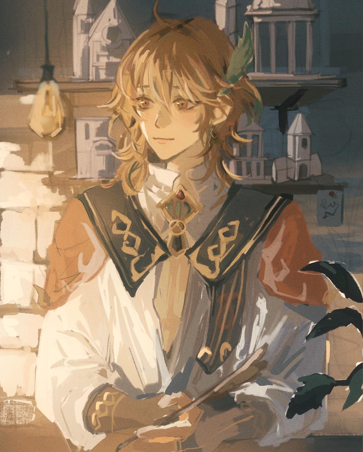 the image is a digital painting or illustration of a young animestyle boy with long blonde hair. he's wearing an elaborate outfit with a collared shirt, vest, and various accessories. he seems calm and peaceful, holding an object in his hands. the background includes a bookshelf filled with miniature buildings and warm lighting creating a cozy and whimsical atmosphere. the overall style is artistic and detailed, with soft lighting and a serene mood.