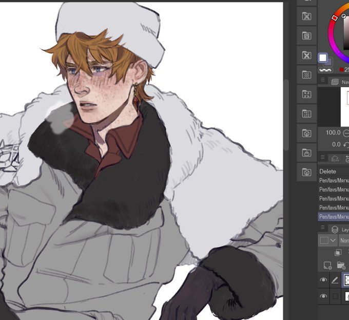 a digital painting of a male anime character in a winter outfit. he has on a white hat, a gray jacket with fur trim, and gloves. he appears to be smoking a cigarette, and is looking to the left of the frame. the art is done in a style that is common to many anime and manga series.  it is a clean, slightly rough and soft drawing, with light and shadowing used to give it some depth. the background is white, allowing the viewer to focus on the character.