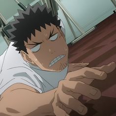 a closeup image of a male anime character, seemingly in distress. he is sweating profusely and his expression conveys fear, anxiety, or stress. he is reaching out with his hands as if crawling or seeking help. the setting appears to be a hospital room, evident from the bed frame in the background.