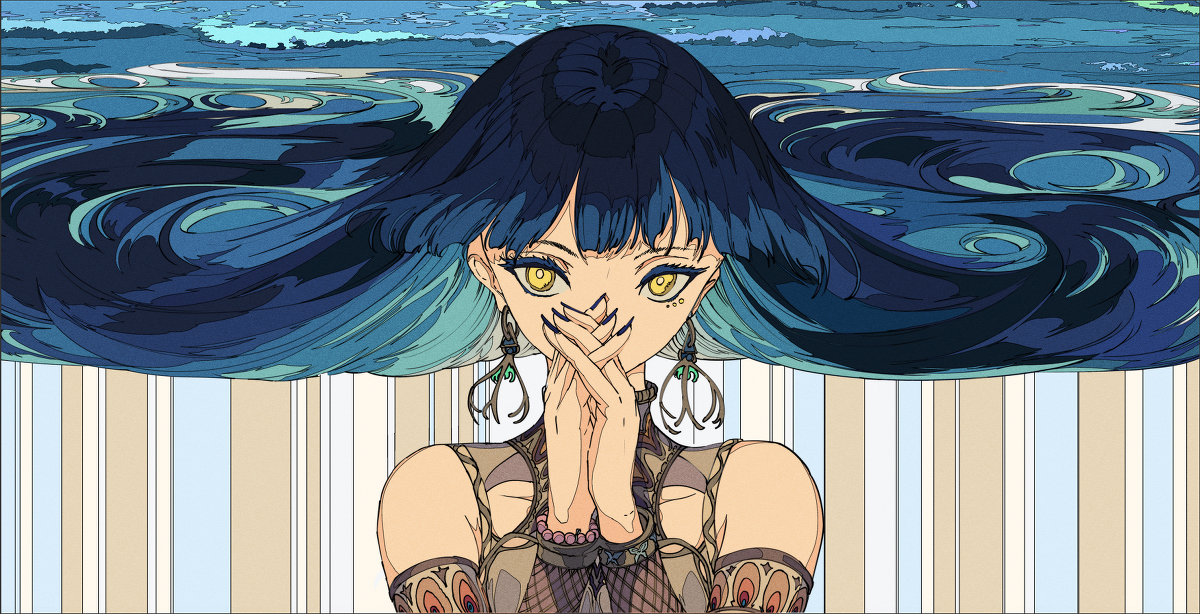 the image is a stylized digital illustration of a young woman with long, swirling blue hair that resembles ocean waves. her hair is the focal point, covering most of the background.  she has striking yellow eyes and is covering her mouth with her hands. she is wearing ornate earrings, a necklace, bracelets, and a dark, lacy top under a more elaborate garment. the overall style is a blend of fantasy and graphic design, with a vibrant color palette and detailed textures. the background features vertical stripes, creating a contrast with the fluidity of the hair.  the expression on the woman's face is mysterious and somewhat secretive.