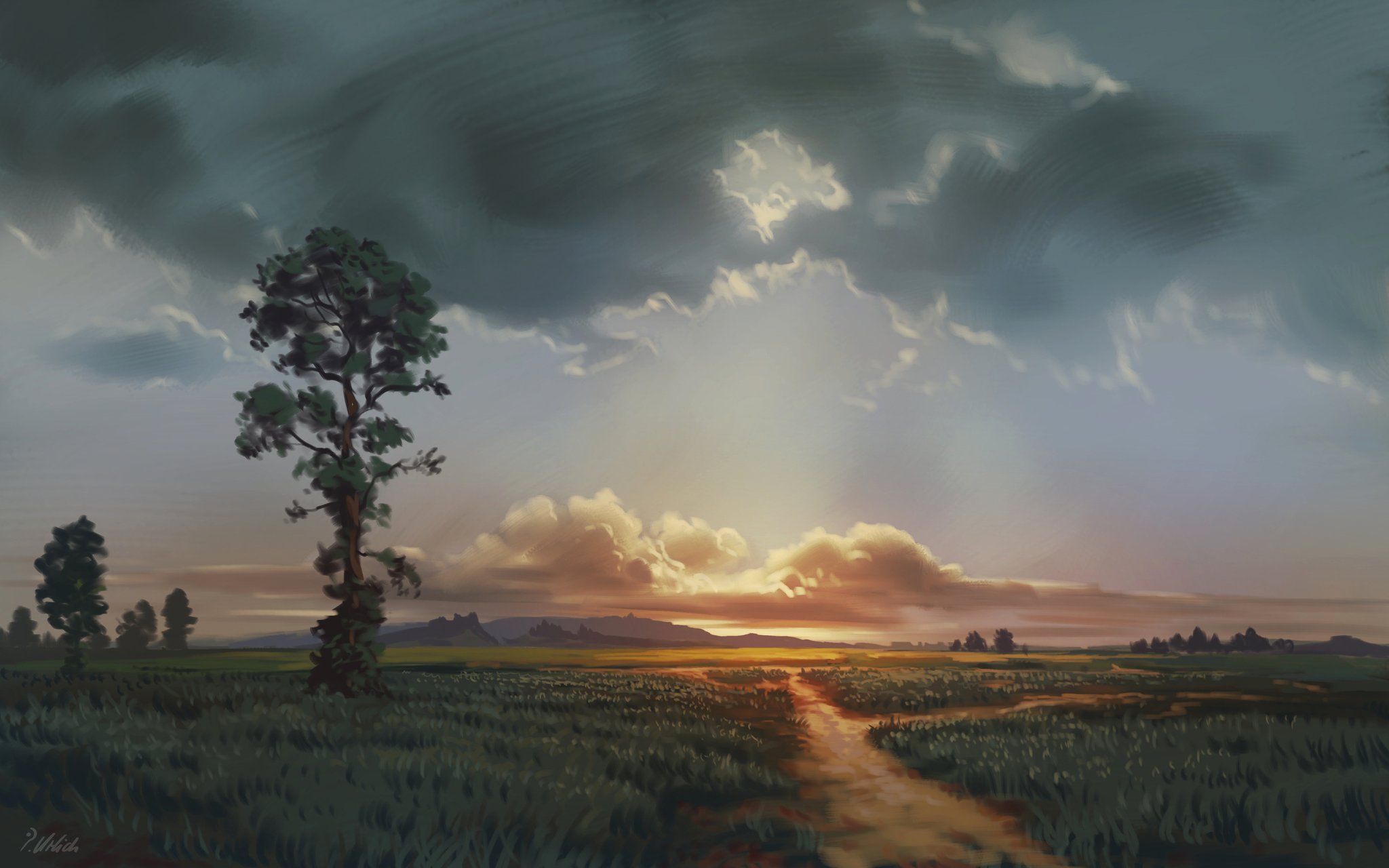the image is a digital painting of a rural landscape at sunset. a dirt path leads into the horizon through a grassy field. a tall, slender tree stands prominently on the left side of the field, with smaller trees in the distance. the sky is filled with dramatic clouds, with the sun setting near the horizon, casting a warm glow. the upper part of the sky is overcast with darker, gray clouds.