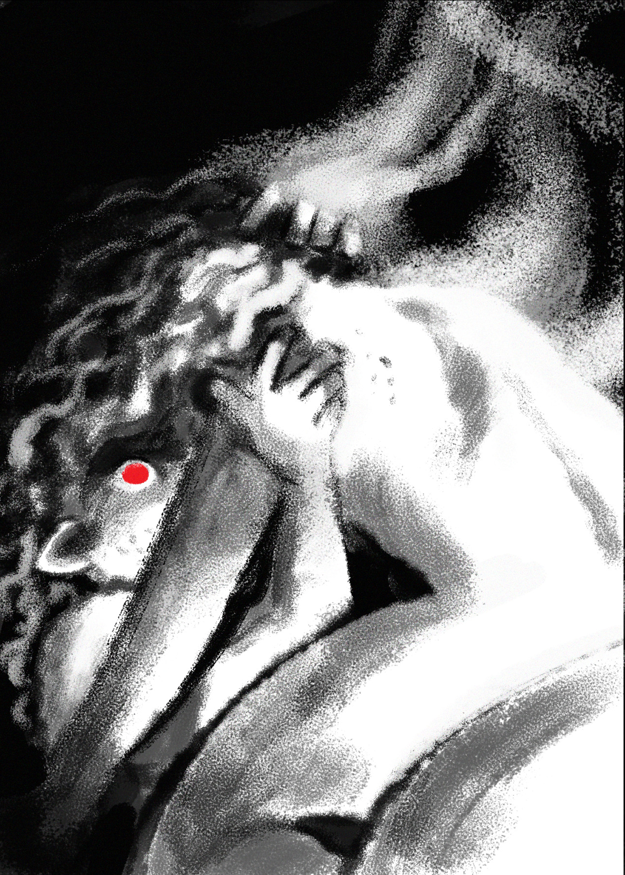 a black and white charcoal drawing of a person curled up, suggesting a state of intense emotional distress. their face is buried in their hands, hair obscuring most of their features. the background is completely black, further emphasizing the figure's isolation and anguish. the use of light and shadow is dramatic, highlighting the contours of their body and adding to the overall sense of unease.