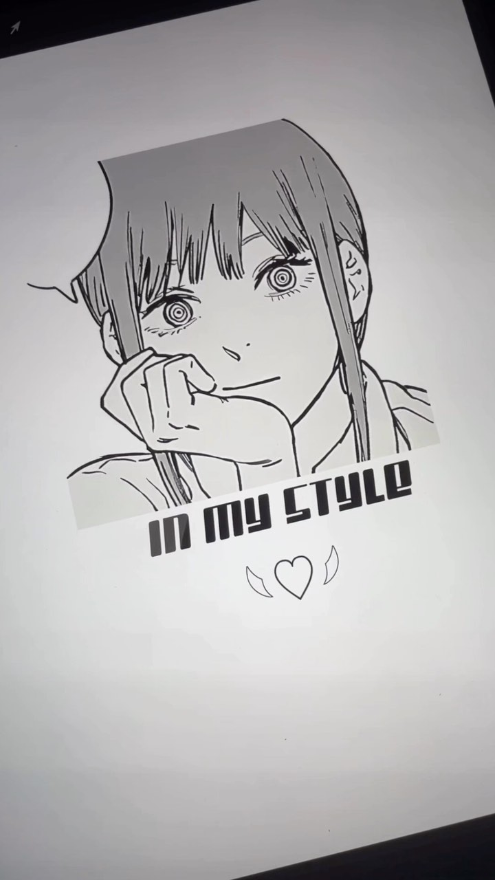 the image is a digital drawing of an animestyle girl.  she has long hair with bangs, expressive eyes with spiral details, and is depicted with her hand gently resting on her chin.  the style is reminiscent of manga or webtoon art. the drawing is in black and white, and the text "in my style" is prominently displayed below the girl's portrait. a small heart with wings is underneath the text. the overall aesthetic is cute, peaceful, and slightly pensive. the drawing appears to be done on a digital tablet.