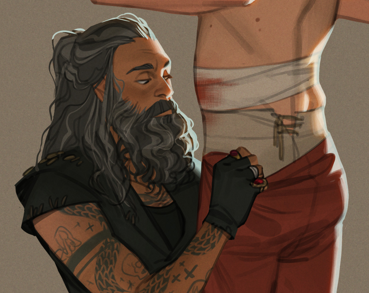 the image is a drawing of blackbeard, also known as ed teach, from the show "our flag means death." he is kneeling, looking at another male character wearing red pants and a bandage around his torso. blackbeard has long gray hair, a beard, tattoos on his arm, and gloves with rings.