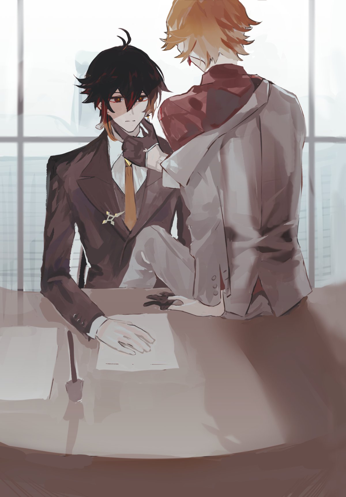 this is a digital illustration of two anime men sitting at a desk. the one on the left has black hair and wears a black suit with a gold tie, while the one on the right has blonde hair and wears a white suit with a red undershirt. both men have serious expressions on their faces, and their hands are visible on the desk in front of them. they're both wearing suits and ties. the setting appears to be an office, with a window and cityscape visible in the background.