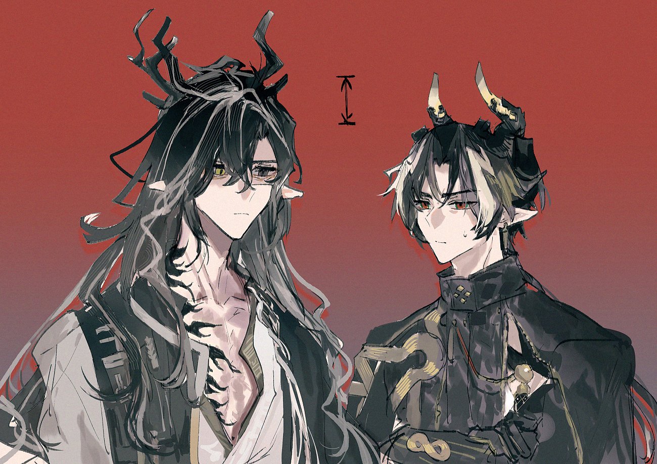 two male anime characters are depicted in the illustration. they are standing sidebyside with their hands at their sides. the character on the left has black hair and yellow eyes and is wearing a white shirt and black pants. he has horns on his head. the character on the right has black and white hair and red eyes and is wearing a black coat with a gold trim. he has horns on his head. the background is red.  the image is drawn in a mangastyle.