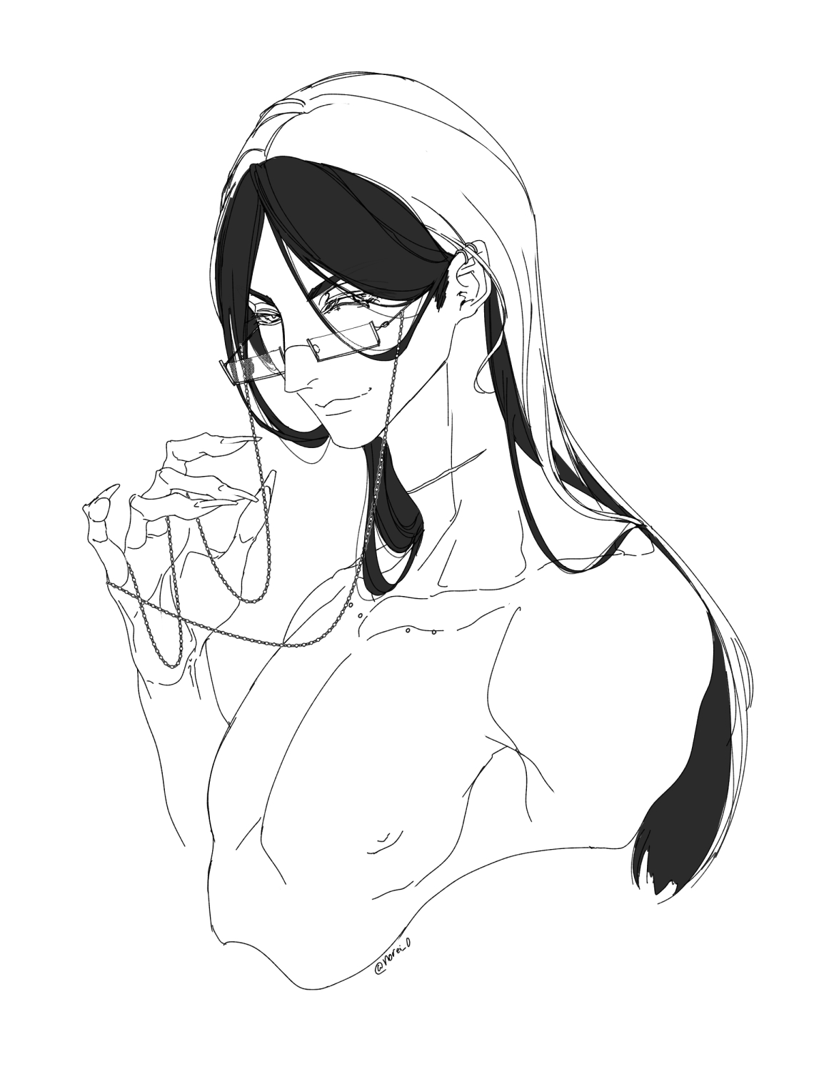 a line drawing of a woman with long black hair wearing glasses and a chain necklace. she is looking down and to the right. the drawing is simple and elegant, with a focus on the woman's features. it is a digital illustration created in black and white.