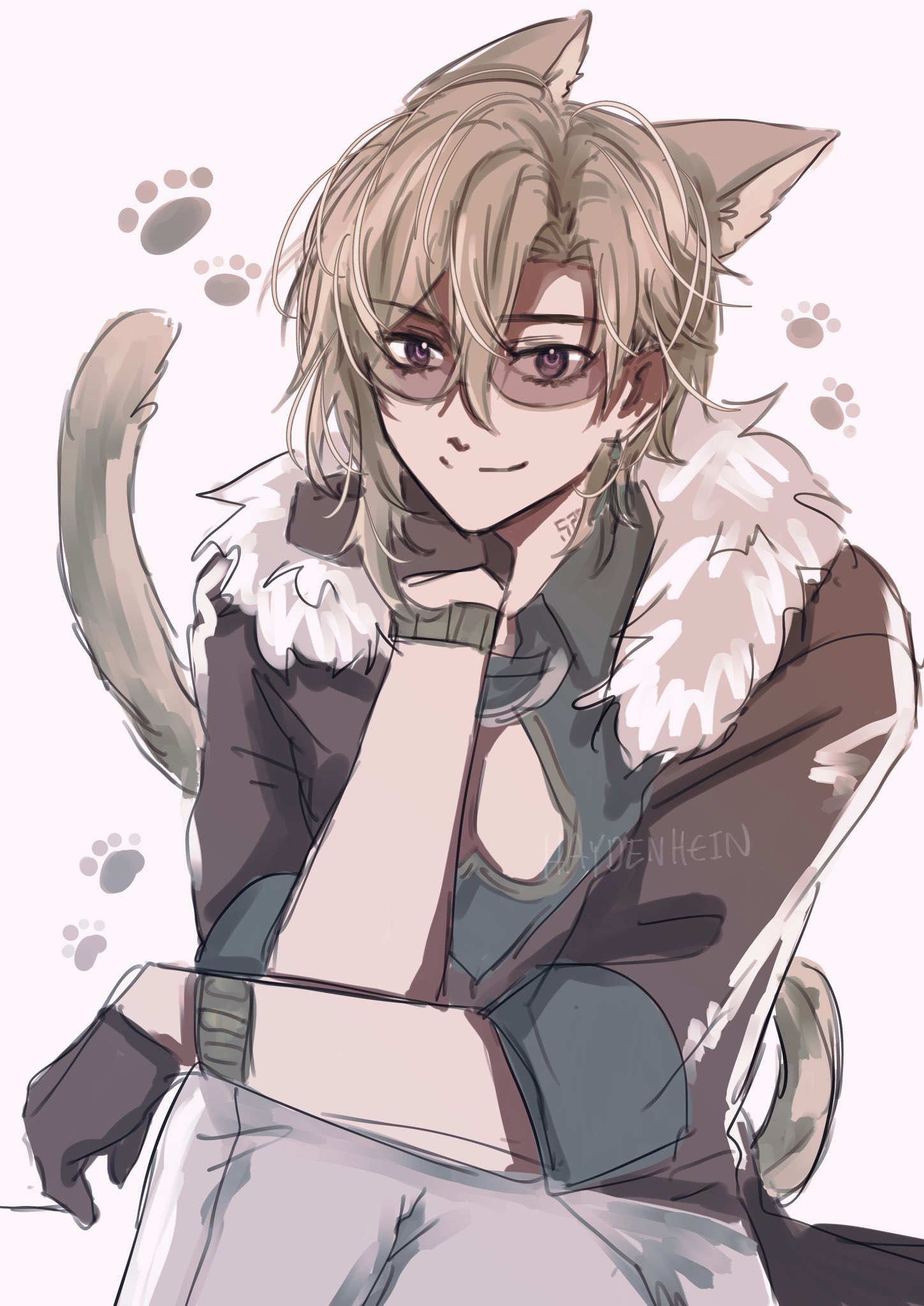 a digital illustration of a male anime character with cat ears and glasses sitting with his hand on his chin, smiling. he is wearing a gray and white furry jacket. he is drawn in a manga style with a white background. the illustration has paw prints scattered around the character.
