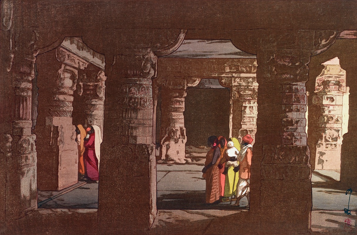 this is an artwork featuring a scene inside what appears to be an indian temple, characterized by its detailed and ornate pillars. several people, including women and a child, are present within the temple's interior. the individuals are dressed in traditional clothing, adding to the cultural richness of the scene. the composition focuses on the interplay of light and shadow, enhancing the architectural details and creating a sense of depth. the artwork likely aims to capture a moment of everyday life within a religious setting, emphasizing the cultural and ethnic identity of the people depicted.