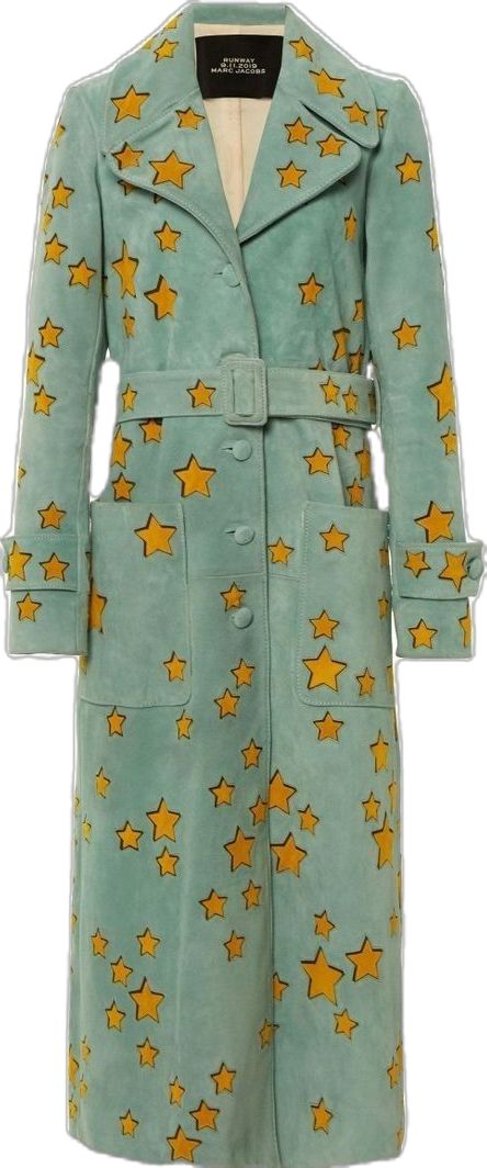 a blue suede coat with yellow star cutouts. the coat is long and has a collar, pockets and a belt. the star cutouts are all over the coat and are a little larger around the pockets. the coat is made by a designer brand, as shown by the designer tag on the inside. the coat has a modern and chic look and is perfect for colder weather.
