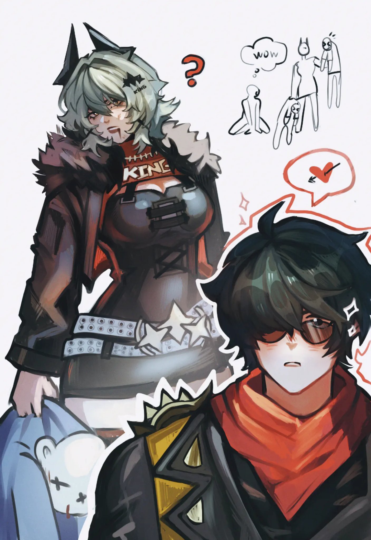 this is an anime style drawing of a woman and a man. the woman is in the foreground of the image. she is wearing a leather jacket with a red and black shirt underneath, a blue belt with white stars, and black pants. she is holding a blue stuffed animal in her left hand. her hair is green and she has a black bandana on her head. the man is in the background of the image. he is wearing a black leather jacket with a red scarf, and a yellow and white shirt underneath. he has black hair and is wearing sunglasses. there is a heart symbol with an arrow pointing at it in the top right corner of the image. there is a question mark in the top middle of the image. there are also some sketches of people in the top right corner of the image.