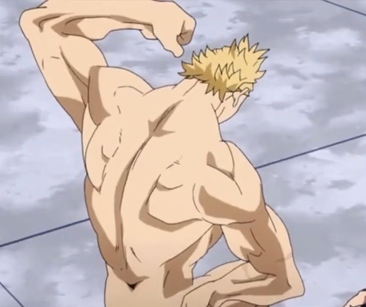 an anime character, a shirtless muscular man with blonde hair, flexes his muscles in a dynamic pose. he is shown from behind, with his right arm raised and flexed. the character has a very defined physique, with visible abs, biceps, triceps, and back muscles. the pose is dramatic and energetic, emphasizing the character's strength and power. the background is a simple white and grey gradient, allowing the character to stand out.