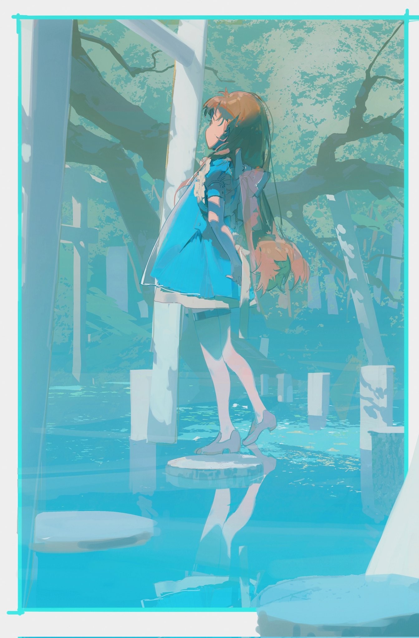 an anime girl with long brown hair, wearing a blue dress, stands on a stone platform surrounded by clear blue water. she is in a serene forest setting with tall, lightcolored trees and soft, dappled sunlight filtering through the leaves. the overall atmosphere is dreamlike and ethereal.