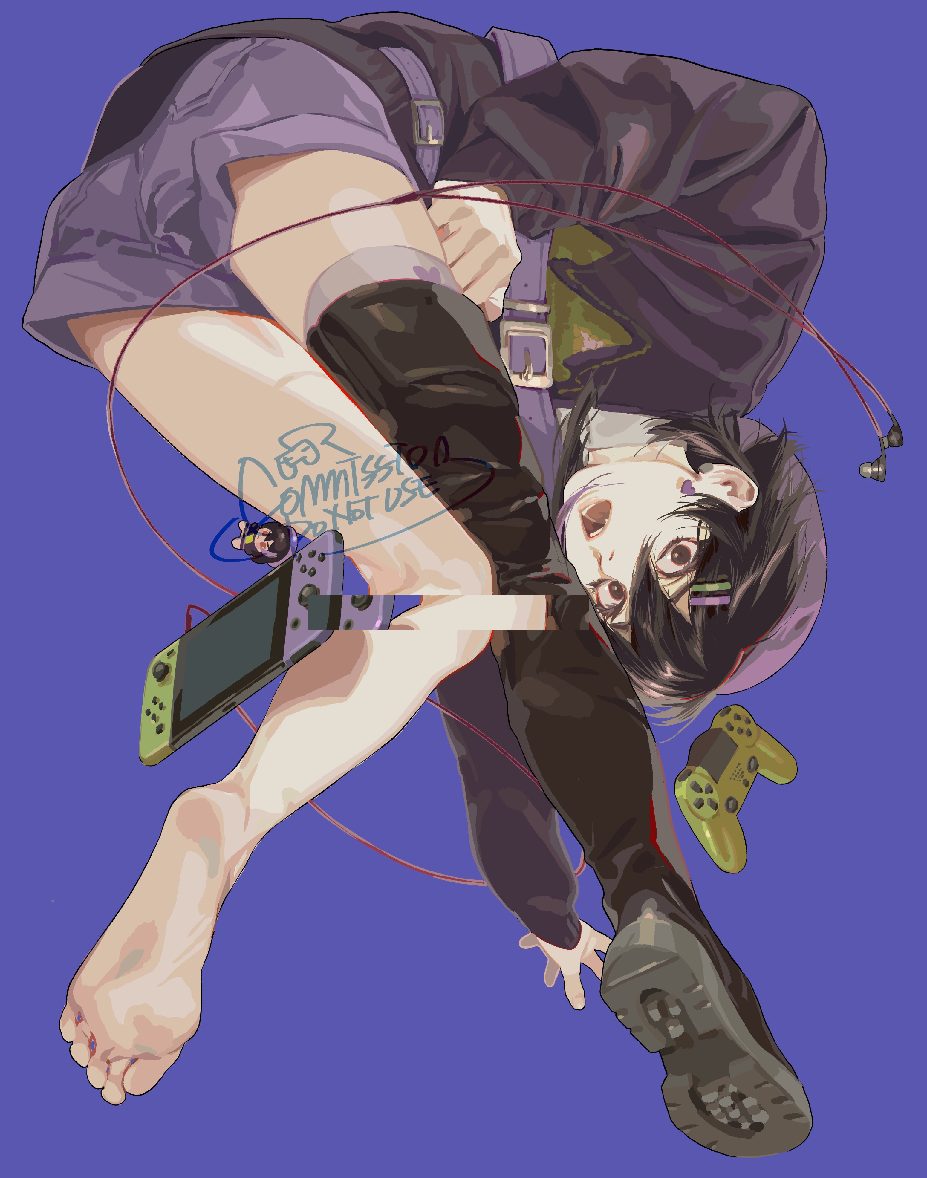 an anime girl is upside down in the image. she has short dark hair and is wearing a purple jacket and shorts, along with black boots on one foot and is barefoot on the other. she is surrounded by gaming accessories, including a nintendo switch and a controller. she also has headphones around her neck. the background is purple. the art style is digital and stylized.