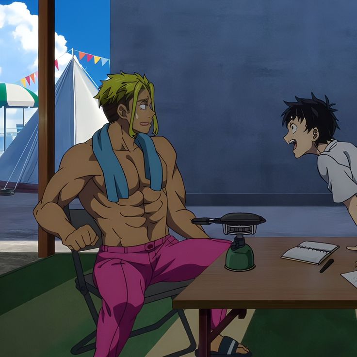 this anime image shows two male characters sitting at a table outdoors. the character on the left has blonde hair and is shirtless, wearing pink pants and a blue towel. he has a muscular build and is looking at the other character with a smile. the character on the right has black hair and is wearing a white shirt, he is looking at the character on the left with a surprised expression. there is a small grill and pan in front of the character on the left. there is a tent and other beachrelated items in the background.