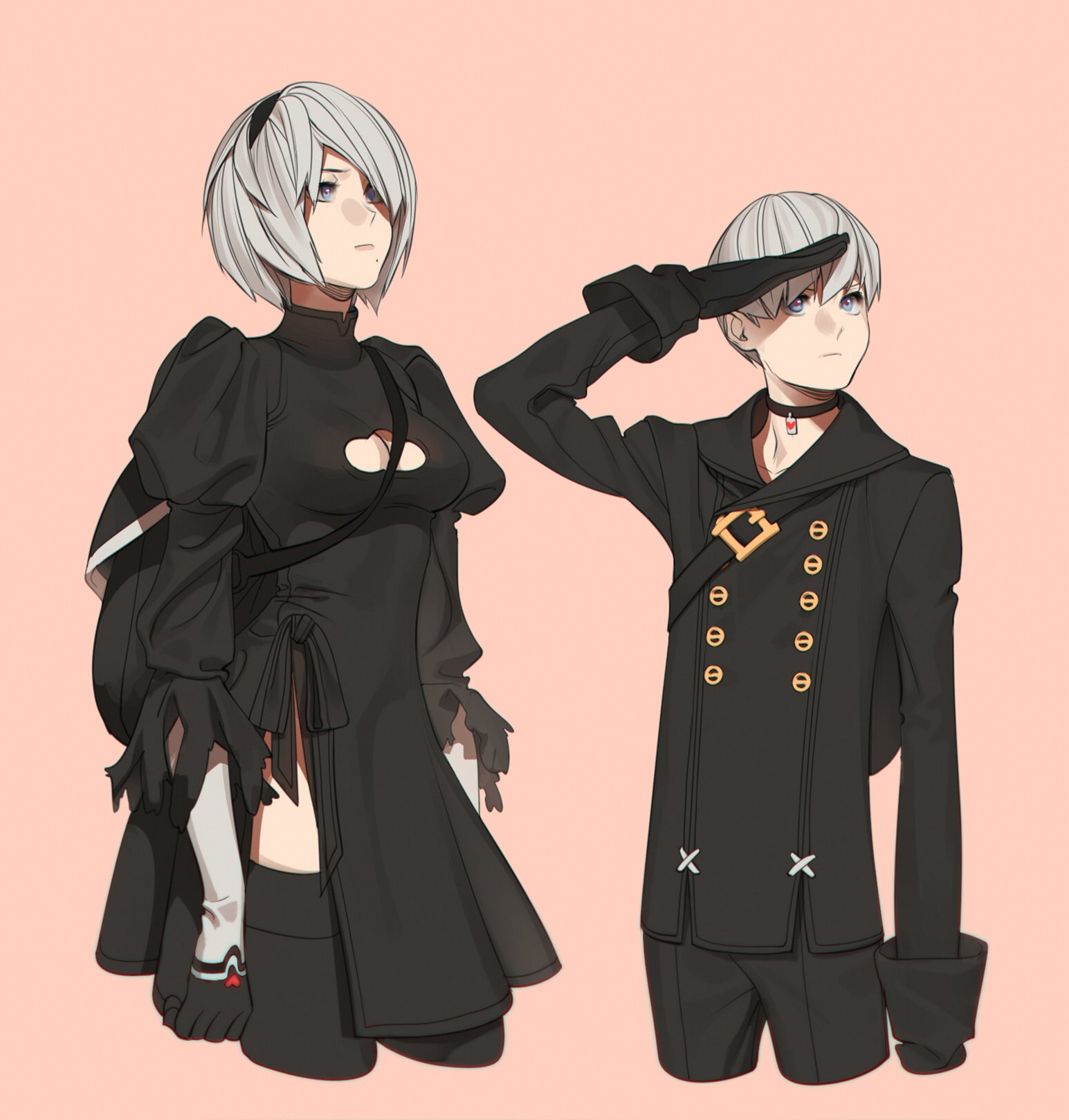 the image features a genderbent interpretation of the characters 2b and 9s from the video game nier automata. on the left is a female 2b reimagined as male, and on the right is a male 9s reimagined as female. both characters are drawn in a stylized anime style, showcasing their signature black and white outfits. the background is a solid peach color.