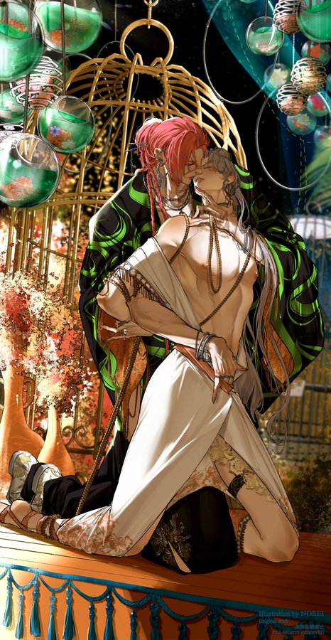 an anime style illustration of two people, a man with pink hair and a woman with long white hair. they are sitting together in a cage, surrounded by gold and green decor. the woman is wearing a white dress with floral details. the man is wearing a green and gold outfit, and holding her arms. they look romantically at each other. this is a digitally illustrated scene of a romantic couple.