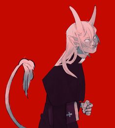 the image features a stylized drawing of a demonlike figure against a solid red background. the figure has long white hair, horns, and a tail, and is depicted wearing what appears to be a priest’s cassock. the demon is facing towards the viewer, with its head turned slightly to the side. the artwork is drawn in a somewhat muted palette with visible brushstrokes, lending it a slightly eerie and unsettling atmosphere.