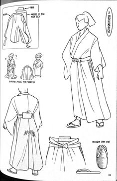 this is an illustration of a traditional japanese kimono and hakama. the drawing depicts the front and back views of the clothing, as well as details of how the obi (belt) is tied and how the sandals are worn. the character's hair and eyes are drawn in a manga/anime style.  the image is likely from a guide or tutorial about drawing traditional japanese clothing.