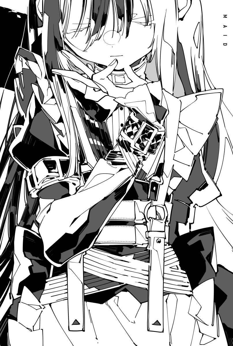 a stylized black and white manga illustration of a young female character with long hair and bangs partially obscuring her eyes. she wears a complex futuristic outfit with straps, buckles, and geometric patterns. her hand is raised to her mouth in a thoughtful or contemplative pose. the art style is highly detailed with a focus on sharp lines and shading.