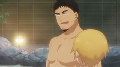 two men are in love and showing affection in a bathhouse. one man has his arm around the other man in an embrace.