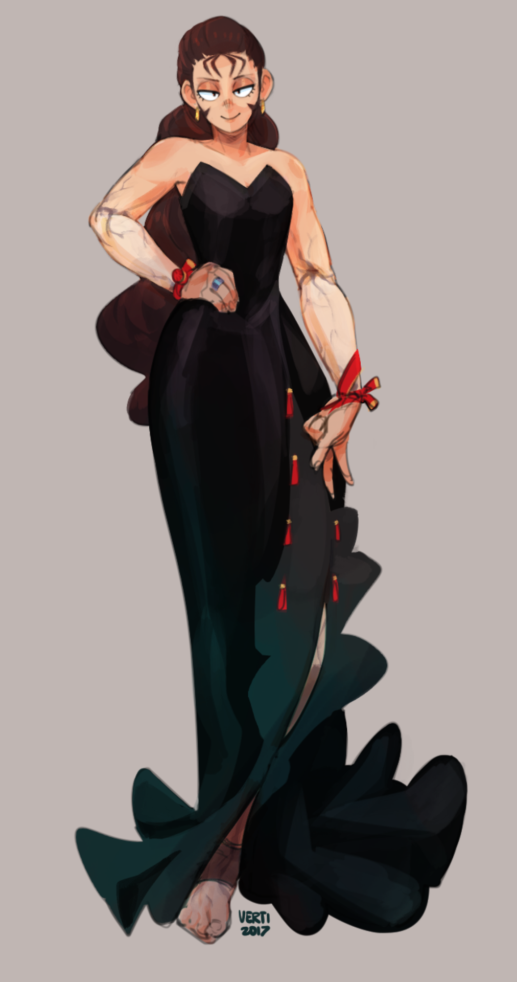 a drawing of a woman in a black gown with red ribbon and blue ring, with long, dark hair. she is standing with her arms crossed,  looking to the side.