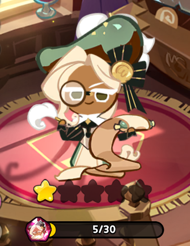 the image shows financier cookie from the mobile game cookie run kingdom. she is depicted as a character within the game's interface, including star rating, a progress bar showing 5/30, and elements of the gacha game's presentation. she wears a hat, a monocle, and has a scroll in her hands.