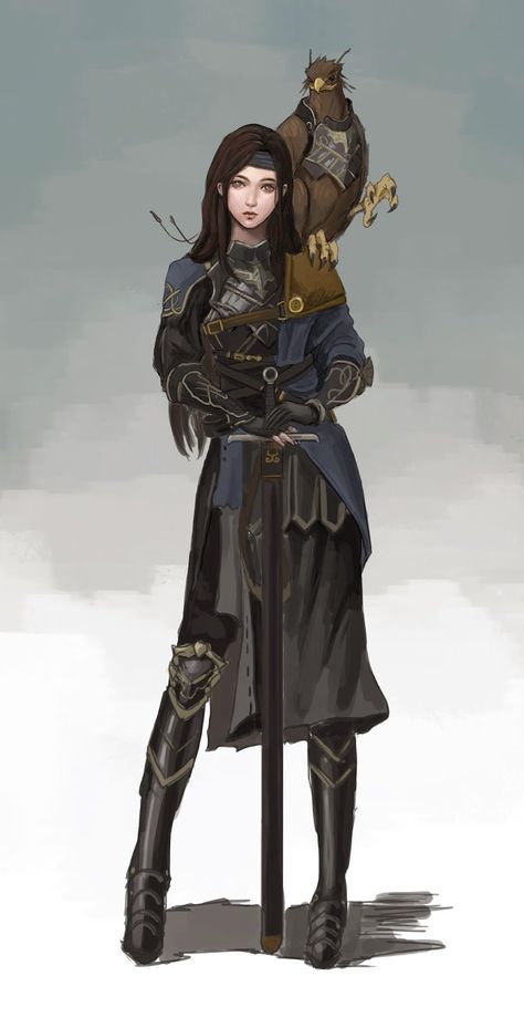 the image is a digital painting of a female fantasy warrior. she is standing, holding a sword, with a hawk perched on her shoulder. she is wearing dark armor and a long, dark cloak. her expression is serious. the background is a muted greyblue. the style is dark fantasy.