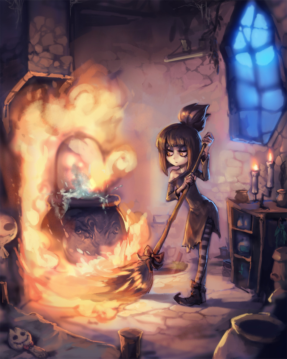 a cute witch in a black dress and white stockings is using a broom to stir a cauldron full of potion. the cauldron is over a fire, and the witch is looking at the potion, as if she is concentrating. the room is full of interesting and spooky details, such as a grimoire, candles, potion bottles, and a skull. the witch is in a dark and shadowy room, and the only light comes from the fire and the candles.