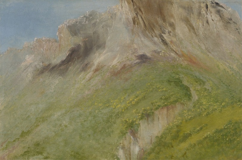 the image is a painting depicting a mountain landscape. the mountain dominates the scene, with its rocky peaks and cliffs jutting out against a light blue sky. the lower slopes are covered in green vegetation, possibly grass or meadows, with some areas appearing more barren or rocky. a path winds its way up the mountainside. the overall impression is of a rugged yet picturesque environment.