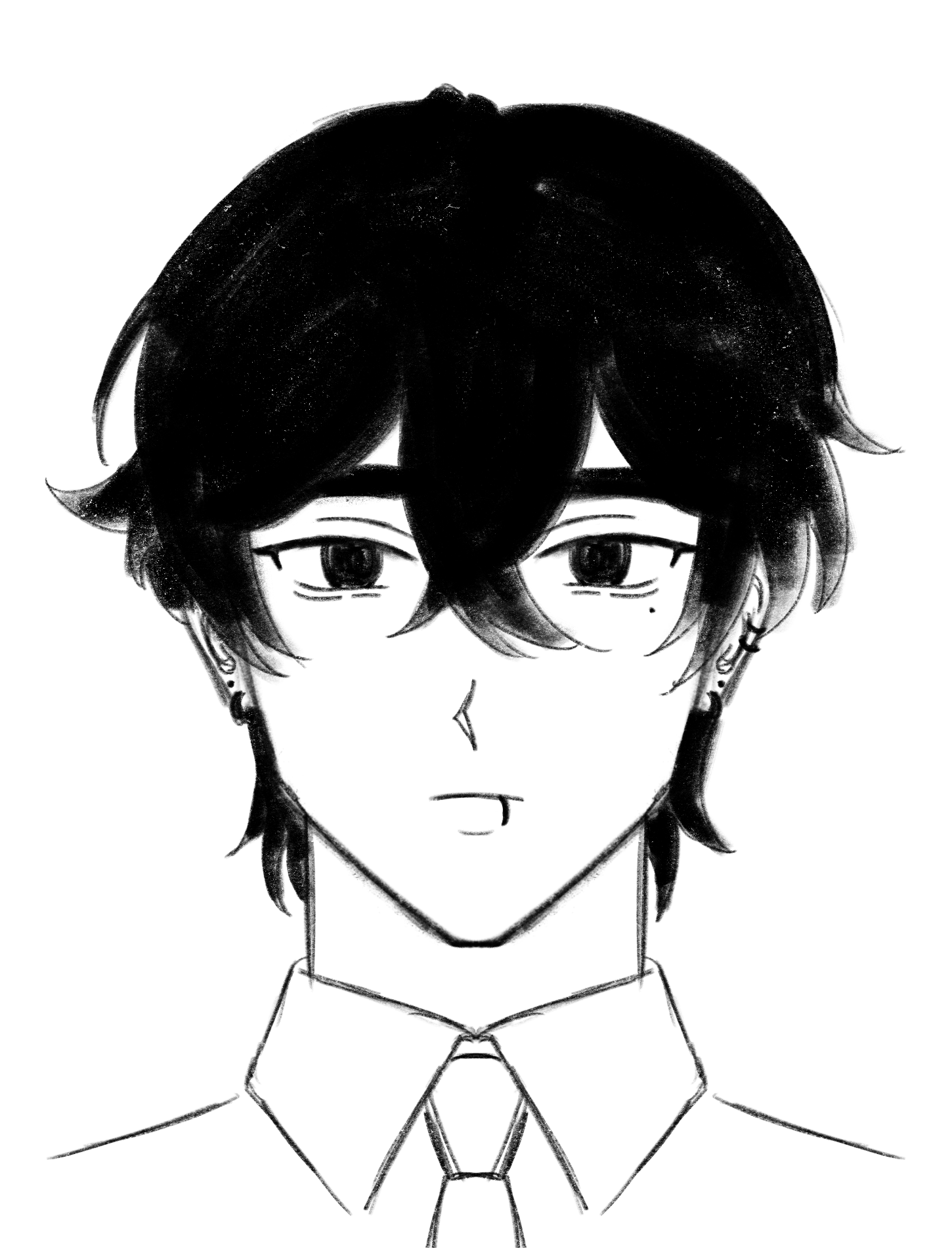 the image is a black and white pencil sketch of an animestyle young man. he has short, dark hair with bangs that partially cover his forehead. he is wearing a collared shirt and tie. his facial features are welldefined, with expressive eyes, and he has a small lip piercing.  the style is realistic but maintains the characteristic features of anime or manga art. the background is plain, drawing attention to the subject. the shading adds depth and texture to the drawing.