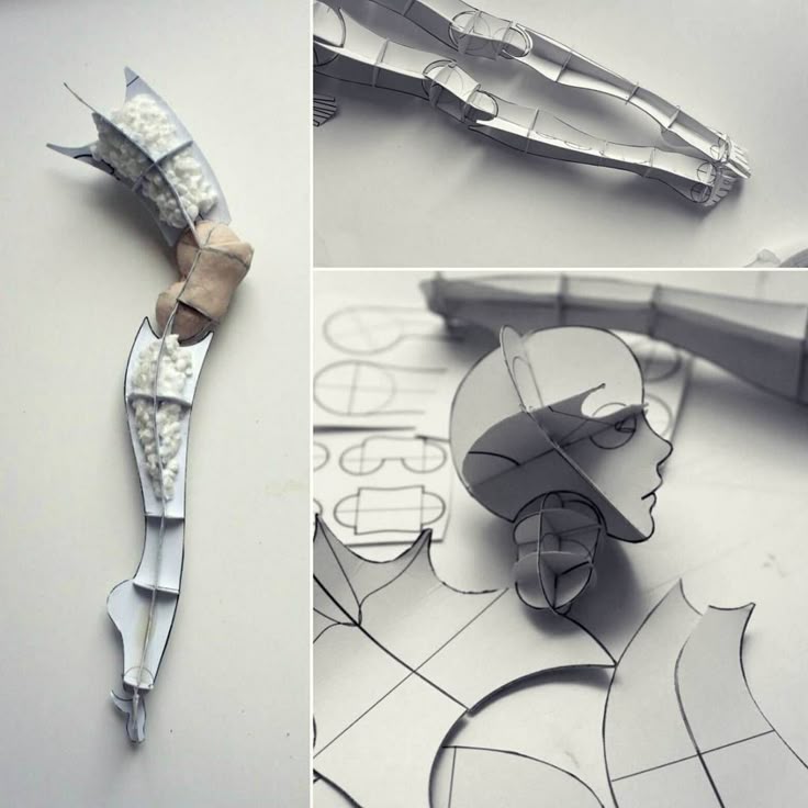 the image shows several papercraft sculptures of human body parts. there's an arm with exposed sections revealing a cottonlike filling, legs, and a head sculpted in profile. the sculptures are made with a paperbased technique, creating a threedimensional effect. design sketches and patterns are visible in the background, suggesting the construction process behind the art. the image is black and white, highlighting the textures and structure of the paper art.