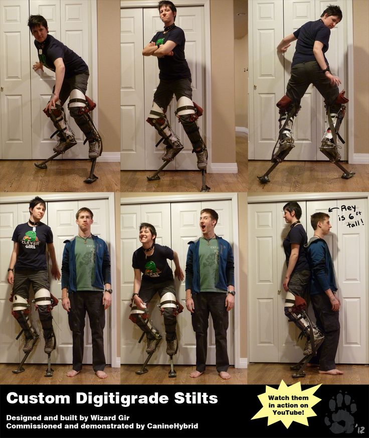 this image shows 3 different sets of individuals wearing custom built, digitigrade stilts.  these stilts give the wearers a unique look and impressive height, and were designed and built by wizard gir. the stilts have been commissioned and demonstrated by caninehybrid,  and a picture of a youtube icon is in the bottom right corner of the image encouraging the viewer to check out the stilts on youtube.  one set of stilts has the wearer standing beside a 6 foot tall man named "rey".