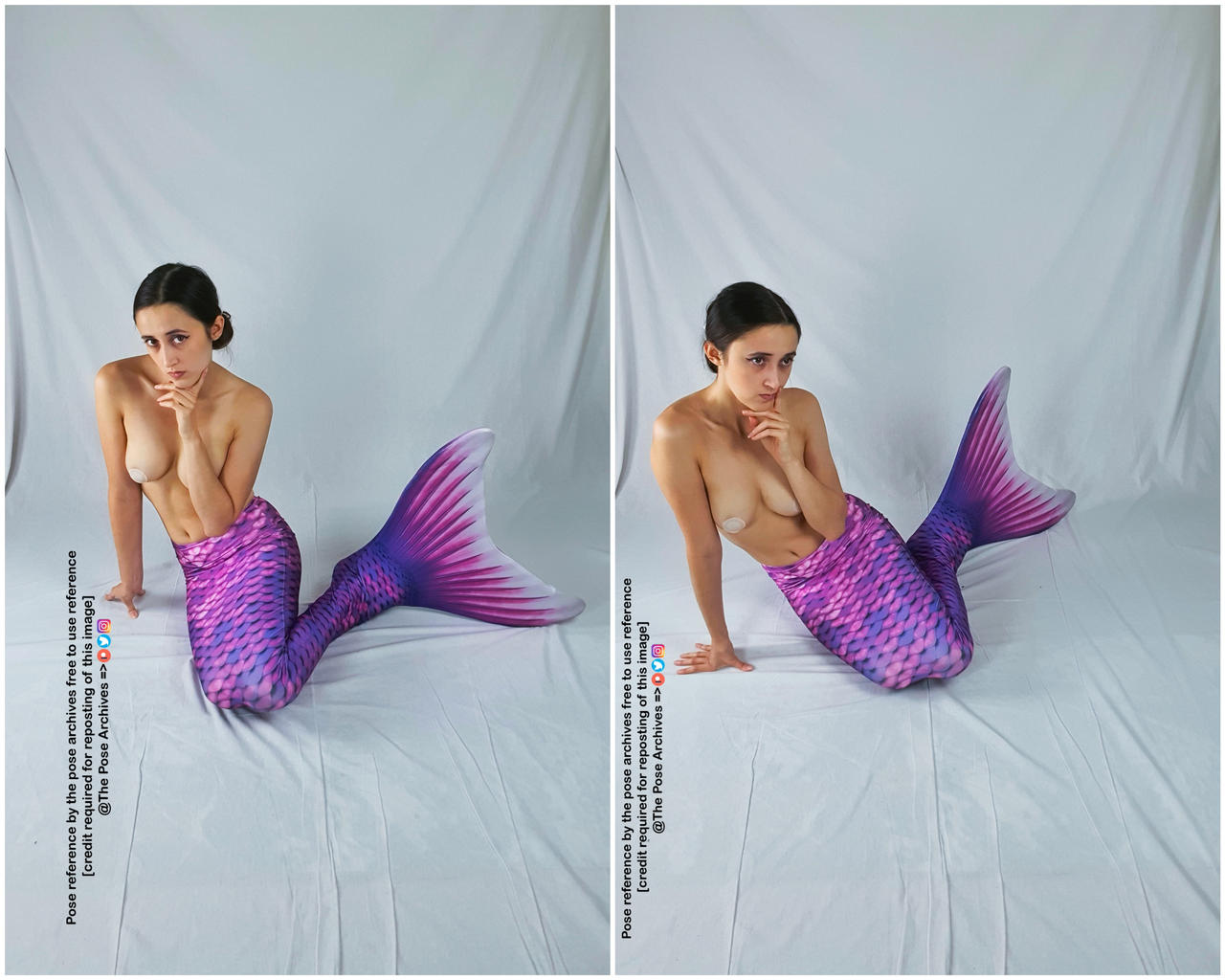 a young woman dressed as a mermaid poses against a plain white background. she is wearing a purple and pink mermaid tail and has her hand on her chin in a thoughtful pose. the image appears to be a pose reference for artists.