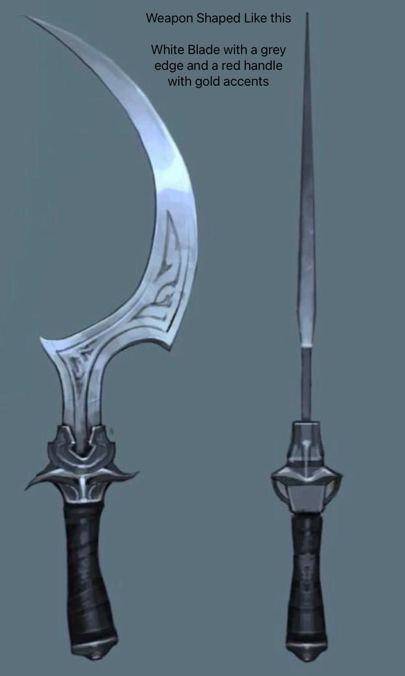 he image contains concept art of a weapon.  the main focus is on a curved sword with a white blade, a grey edge, a red handle, and gold accents.  to the right, a simpler, straight bladed version of the weapon is depicted.  both weapons share the same color scheme. the text above describes the design specifications.