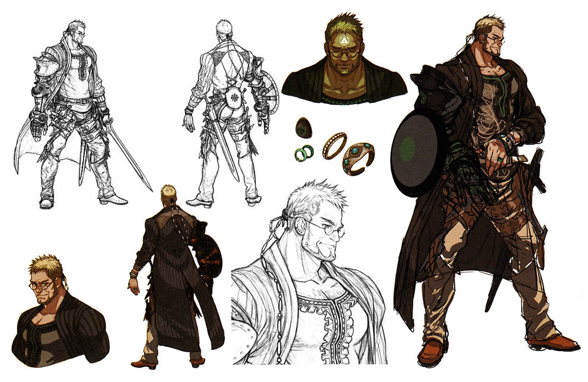 a digital illustration showcasing various angles and details of a male character design. the character appears to be a warrior or fighter, adorned with armor, a sword, and a shield. the style suggests a fantasy or rpg setting.  the artist has included sketches of the character from multiple perspectives, along with closeups highlighting facial features and accessories.