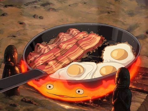 the image is a still from the studio ghibli film spirited away. it depicts a closeup of a black skillet filled with sizzling bacon and fried eggs. the skillet is resting on a campfire and appears to be resting on a small, fiery spirit (kamajii). two soot sprites are visible to the side of the skillet.  the overall scene is vibrant and evokes the whimsical and detailed style of studio ghibli animation.