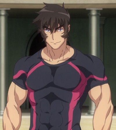a young athletic man with dark brown hair and purple eyes is depicted in what appears to be a casual outdoor setting.  he is wearing a closefitting black and crimson training shirt that accentuates his muscular physique. he stands confidently with a slight smirk, exuding an aura of strength and determination. the background suggests a grand building with classical architecture, possibly a training ground or arena. the daylight casts soft shadows, highlighting his welldefined features.