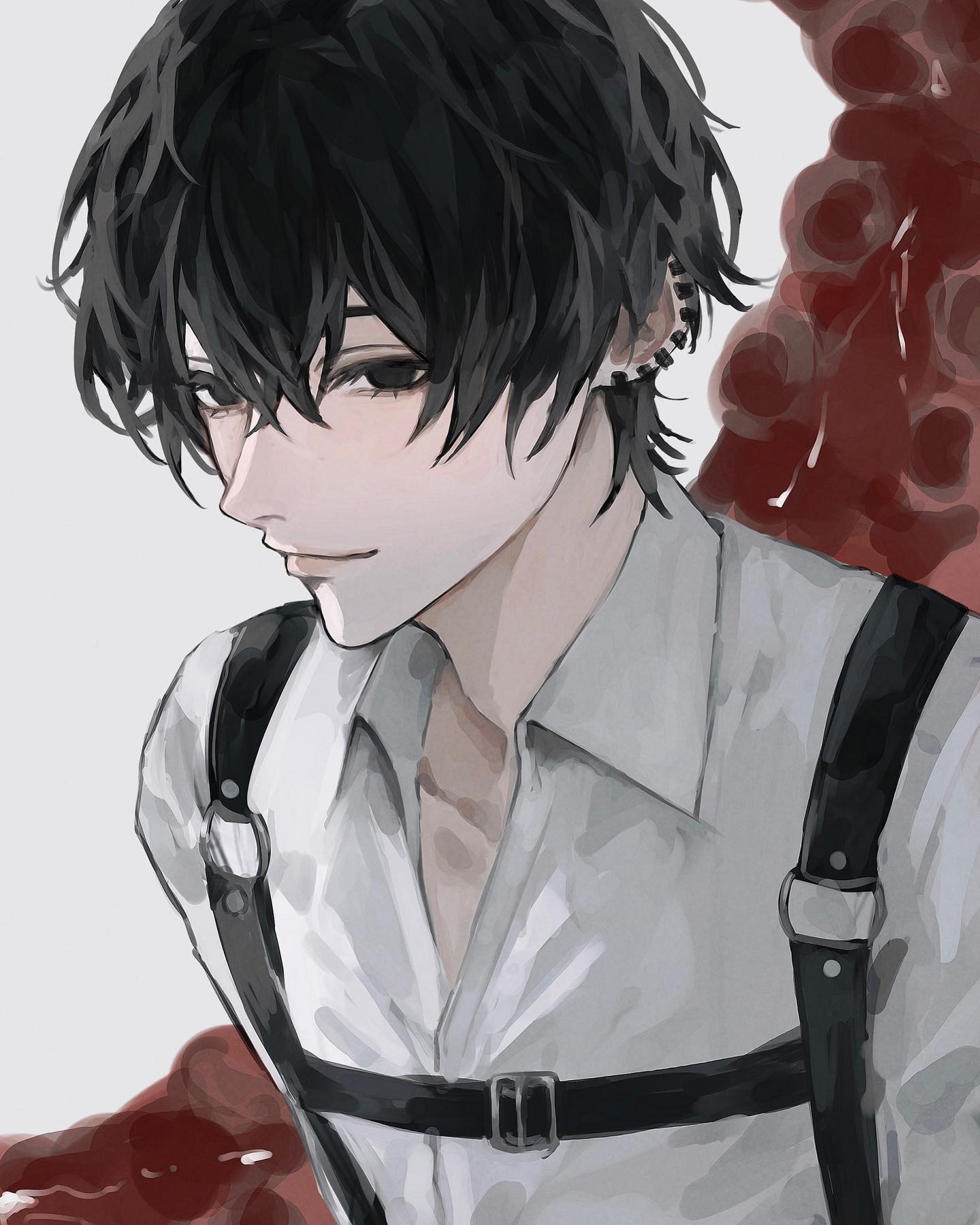 the image is a digital drawing or painting of an animestyle young man. he has short, dark hair, pale skin, and dark eyes. he's wearing a white, loosefitting shirt with black suspenders or a harnesslike accessory across his chest and shoulders.  he has a small earring visible in his ear. his expression is serious and somewhat stoic. the background features blurred, dark red shapes that could suggest a background element or an effect. the overall style leans toward realistic rendering with soft shading and subtle color blending within the anime aesthetic.